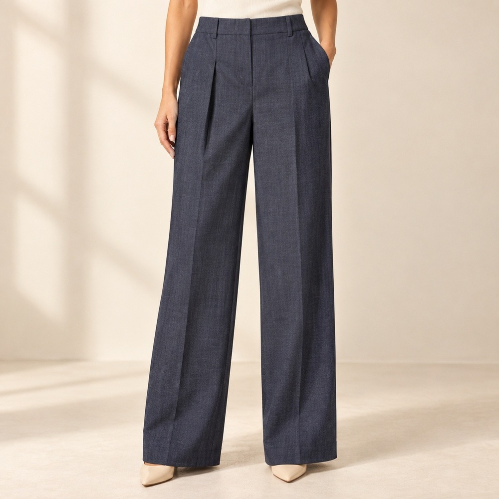 NWT BOSS Tiana4 Virgin Wool Wide Leg Trousers Womens 2 Dark Blue Pleated